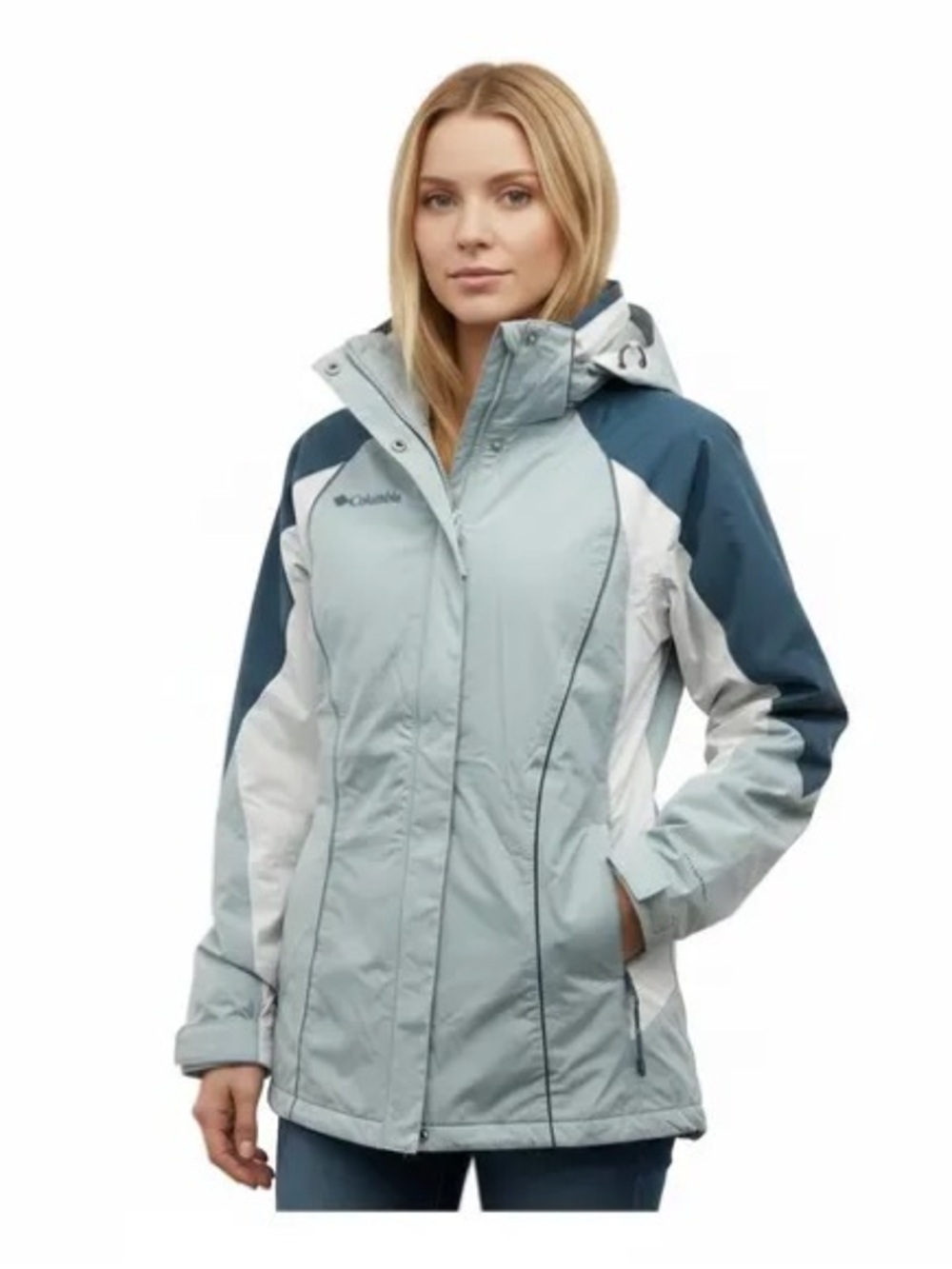 Columbia Women's Light Blue and White Waterproof Ski Jacket with Navy Accents825